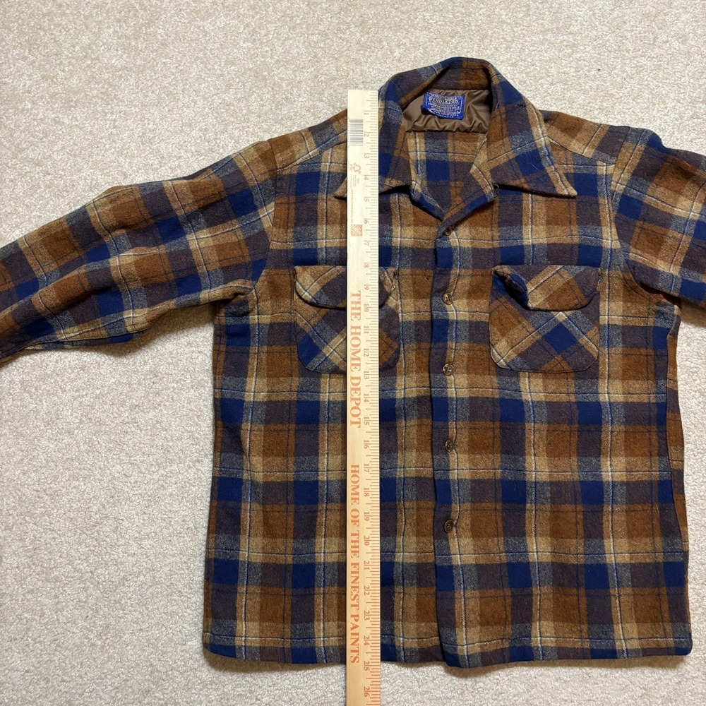 Vtg Pendleton Shirt Mens Large Brown Plaid Wool Flannel Loop Collar Made USA 60s - Picture 8 of 12